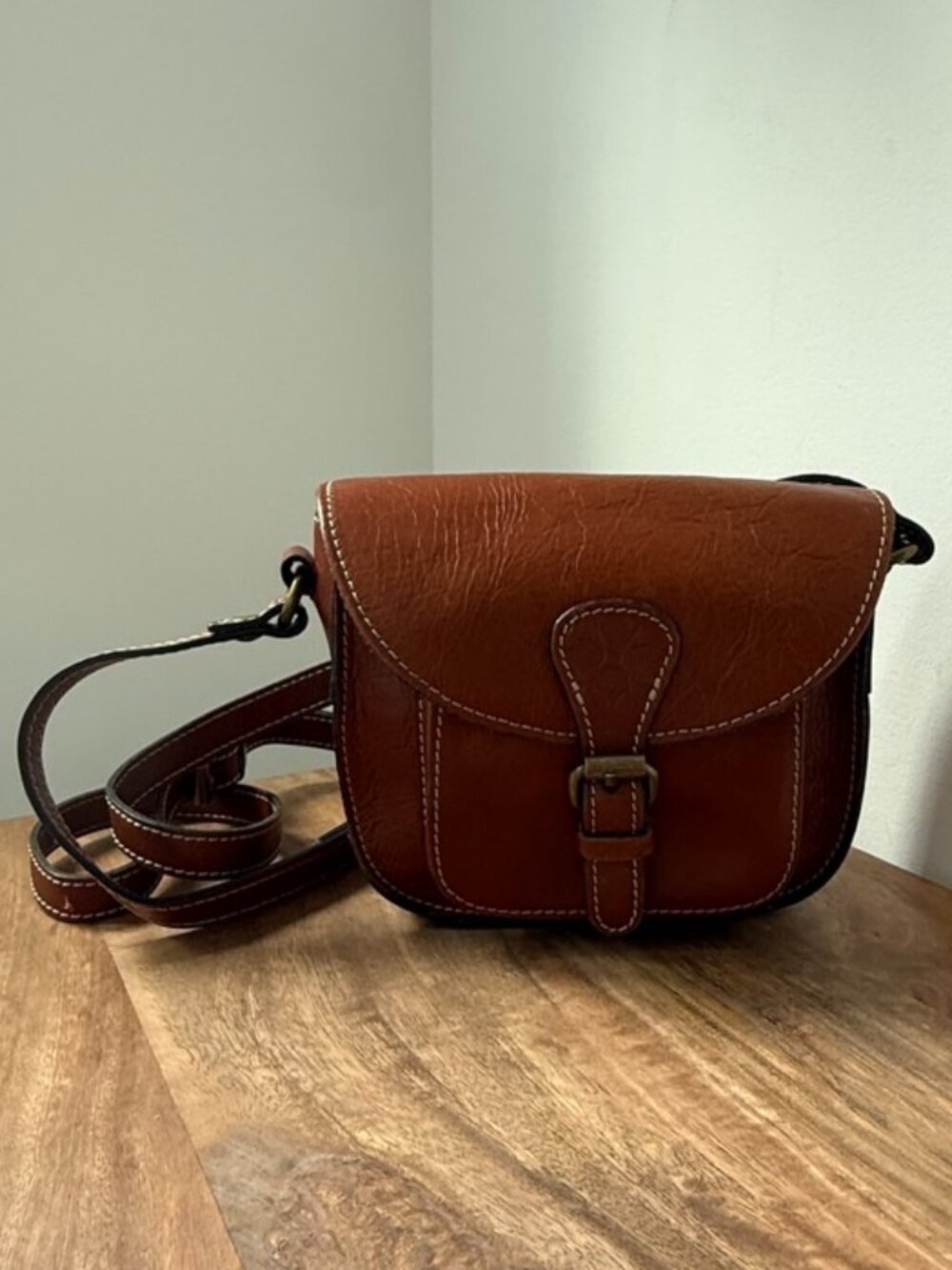 PATRICIA NASH Torri Leather Crossbody Saddle Bag Cognac Brown Buckle Flap